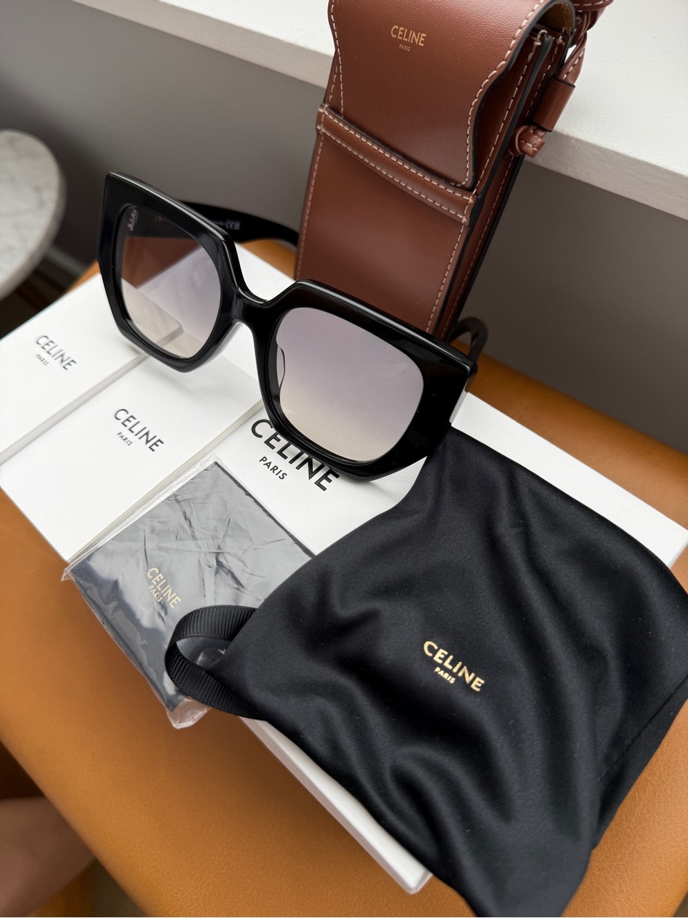 Celine Black Square Acetate Sunglasses with Gold Triomphe Emblem - Picture 6 of 6